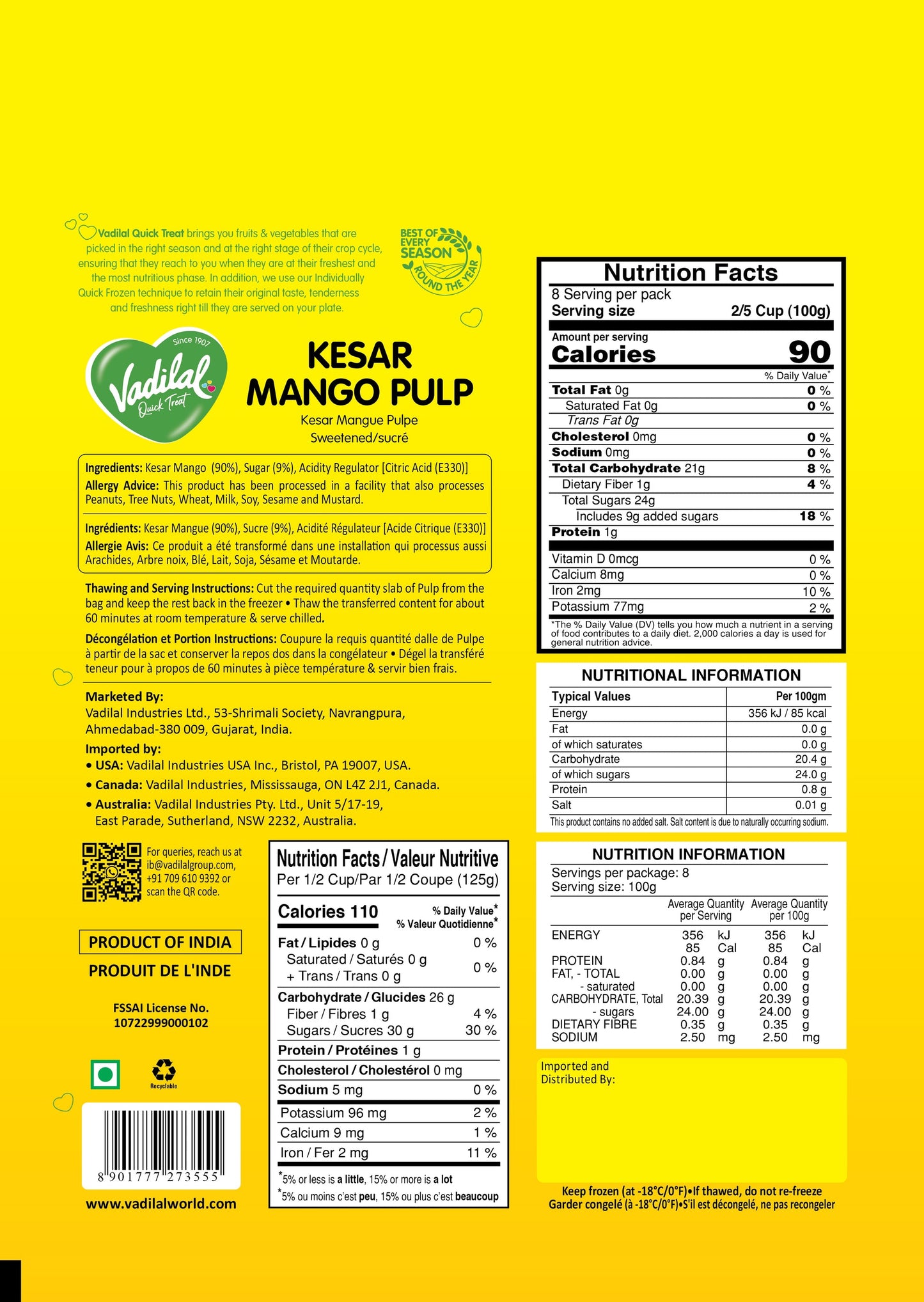 Vadilal Kesar Mango Pulp - 800gm