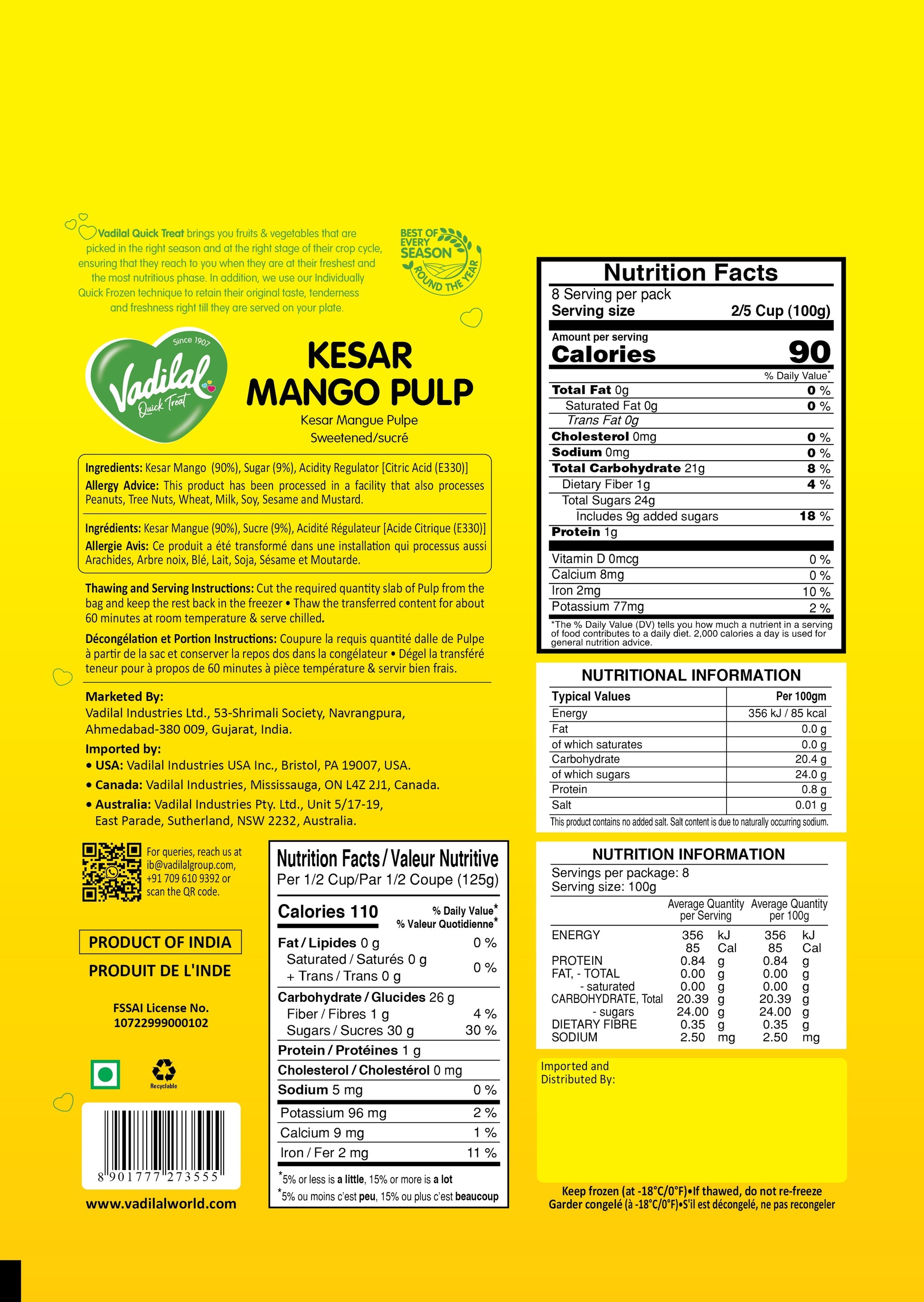 Vadilal Kesar Mango Pulp - 800gm